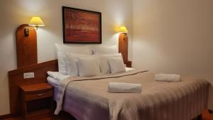 um quarto com uma cama grande e almofadas brancas em Hotel Maxim Kwidzyn em Kwidzyn