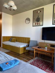 um quarto com uma cama, uma mesa e uma televisão em Lux Lotnisko em Breslávia