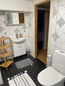 a bathroom with a toilet and a sink at Lägenhet Skarphagen Norrköping in Norrköping