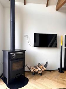 a room with a stove and a tv on a wall at Tiny house of Picasso in Warmenhuizen