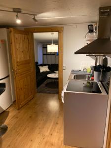 eine Küche mit einer Spüle und einer Arbeitsplatte in der Unterkunft Lägenhet Skarphagen Norrköping in Norrköping