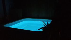 une baignoire bleue avec une plante dans une pièce sombre dans l'établissement Gîte de l'Oustal, à Oust