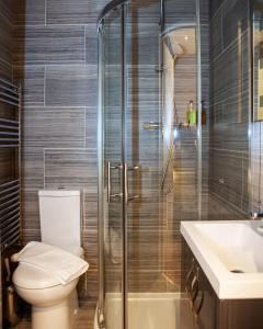 a bathroom with a shower and a toilet and a sink at Putera Puteri Residence in London