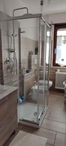 ein Bad mit einer Glasdusche und einem Waschbecken in der Unterkunft Casa Memole in Levico Terme