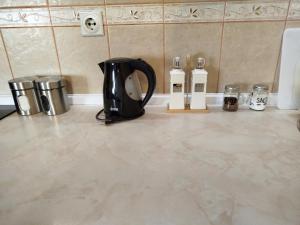 eine schwarze Kaffeekanne auf einer Küchentheke in der Unterkunft Apartment Filipovic in Podgorica