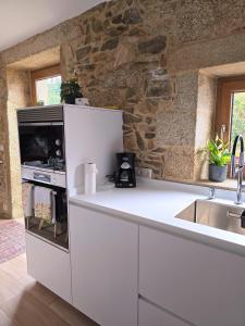 Casa de Chica Ecoturismo في Lousame: مطبخ أبيض مع حوض وجدار حجري