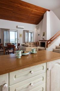 a kitchen with a counter top and a living room at Villa Christina in Katsíngrion