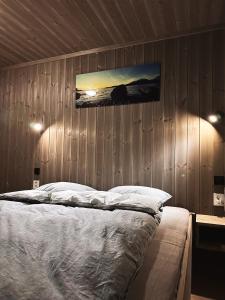 a bedroom with a bed and a painting on the wall at Snowcake Cottage in Sør-Fron