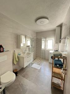 a bathroom with a toilet and a sink and a shower at Apartment DELFIN Jacuzzi , Bribir-Novi Vinodolski in Bribir