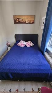 a bedroom with a blue bed with two pillows at Central Comfort Room in heart of Oslo, Majorstuen in Oslo
