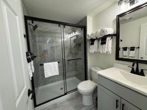 uma casa de banho com um chuveiro, um WC e um lavatório. em Sunset Beach Resort em Osage Beach