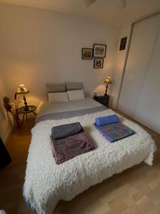 een slaapkamer met een bed met twee handdoeken erop bij Sweet Dreams in Honfleur