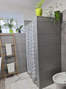 a bathroom with a toilet and a shelf with plants at Casa da Furna in Santo António +5 photos