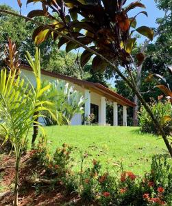 a small white house with a green lawn in front of it at Casa Tres Tucanes in Barú