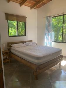 a bedroom with a bed in a room with two windows at Casa Tres Tucanes in Barú