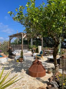 un jardín con un árbol, un banco y un cenador en Wellness guesthouse Casa é Connosco, en Alvaiázere