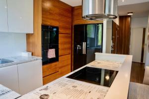 een keuken met een aanrecht met een fornuis en een koelkast bij SEApartment in Gdańsk