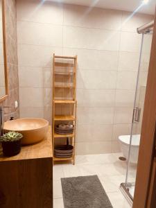 La salle de bains est pourvue d'un lavabo et de toilettes. dans l'établissement Seafront Apartment Bosporou 2 Pantokratoras Preveza, à Prévéza