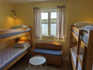 Cette chambre comprend 2 lits superposés et une fenêtre. dans l'établissement Vårhaga Vandrarhem, à Sjuntorp