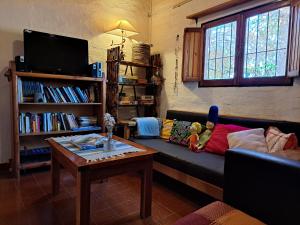 Aire de Barreal Hostel Andino في بيرال: غرفة معيشة مع أريكة وطاولة قهوة
