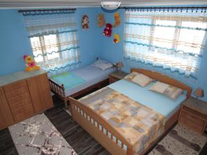 2 łóżka w pokoju z niebieskimi ścianami i oknami w obiekcie Feel the Karuch w mieście Cetynia