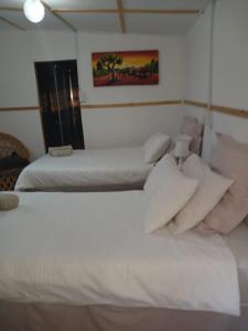 2 camas en una habitación con sábanas y almohadas blancas en Megs Accommodation, en Kamieskroon
