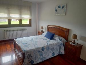 a bedroom with a bed with a blue and white blanket at Sandino 32 in Santiago de Compostela