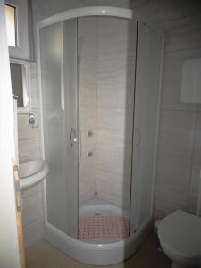 a shower in a bathroom with a sink and a toilet at Vila Jenic in Soko Banja
