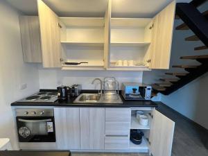 a kitchen with a sink and a stove and a staircase at Austral Apartment Regional in Valdivia
