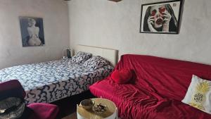 - une chambre avec un lit et un canapé rouge dans l'établissement Studio face Métro B l'hôpital Lyon Sud Fac de médecine, à Pierre-Bénite