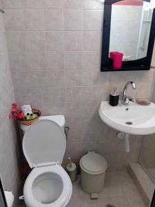 een badkamer met een wit toilet en een wastafel bij Aggelis House in Sarandë