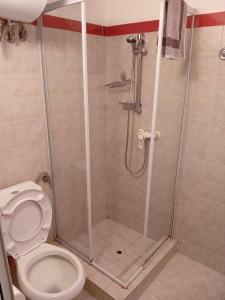 een badkamer met een douche en een toilet bij Aggelis House in Sarandë