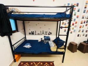 Zimmer mit 2 Etagenbetten in einem Zimmer in der Unterkunft Spiritual Backpackers Hostel in Ujjain