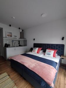 ein Schlafzimmer mit einem großen Bett mit roten Kissen in der Unterkunft Magda Anchoria Mechelinki in Mechelinki