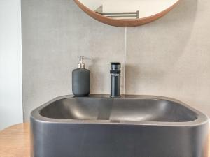 - un lavabo avec un distributeur de savon dans l'établissement Le Havre Sanvic - appartement chaleureux, au Havre 22 autres photos