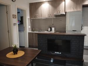 a kitchen with a table and a television and a counter at Apartman Nera in Stara Pazova