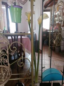 une exposition de fleurs dans une pièce avec une table dans l'établissement B&B CasaCorì, à Orosei
