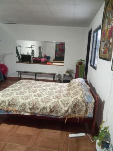 a bedroom with a bed with a comforter on it at Amplio monoambiente in Paraná