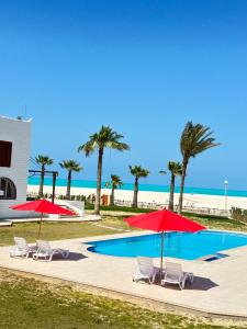 - une piscine avec des chaises longues et des parasols ainsi qu'une plage dans l'établissement فيلا7غرف اول صف على البحر بحمام السباحة مارينا 5 الساحل الشمالي العلمين, à El Alamein