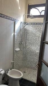 a bathroom with a shower with a toilet and a sink at Encantadora casa de campo in Ciudad Lujan de Cuyo