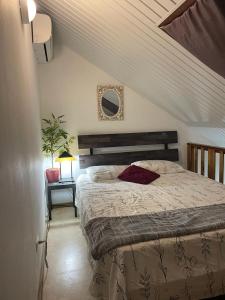 1 dormitorio con cama y espejo en la pared en Palmhouse Apartments Aruba 1- 4 persons, en Savaneta