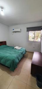 a bedroom with a green bed and a window at La Casita de DaniMar in Yerba Buena