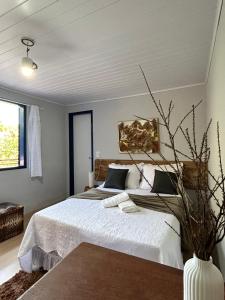 a bedroom with a bed and a vase with a plant at Pousada Chalé da Mata - Circuito Caravaggio, Santa Teresa in Santa Teresa +33 photos
