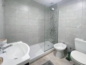 布宜諾斯艾利斯的住宿－Estudio en La Boca-Confort y Encanto-Filiberto，一间带水槽、卫生间和淋浴的浴室