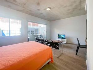 布宜諾斯艾利斯的住宿－Estudio en La Boca-Confort y Encanto-Filiberto，一间卧室配有一张床、一张桌子和一张桌子