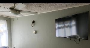 a ceiling fan and a tv on a wall at JAMI PLACE in Kingston