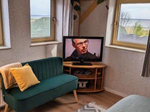 a living room with a green couch and a television at Vacation apartment in Usedom on the Baltic Sea in Stolpe auf Usedom