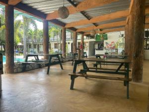 un restaurante con mesas de picnic y una piscina en Hostal Luz de Luna en Palomino