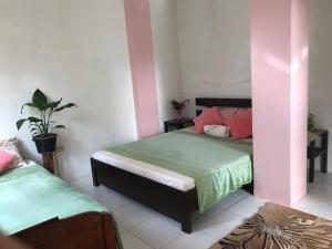 a bedroom with a bed with pink and green sheets at Café Darcey BnB in Tagbilaran City