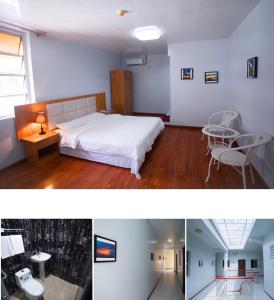 duas fotografias de um quarto com uma cama e uma mesa em Pacific Islander Inn em Garapan